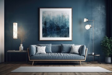 The contemporary, pleasant living room's blue background, picture frame, and wall texture