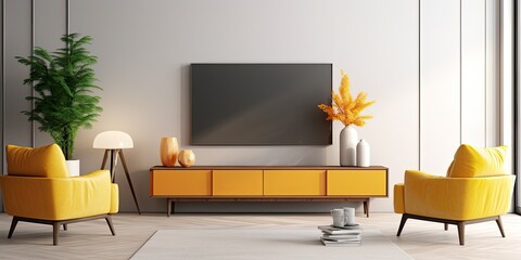 Contemporary living room in an apartment with yellow armchairs and a TV area, facing the TV stand and TV.
