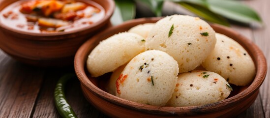Idli vada, also known as medu wada, served with sambar or sambhar, is a type of rice cake.