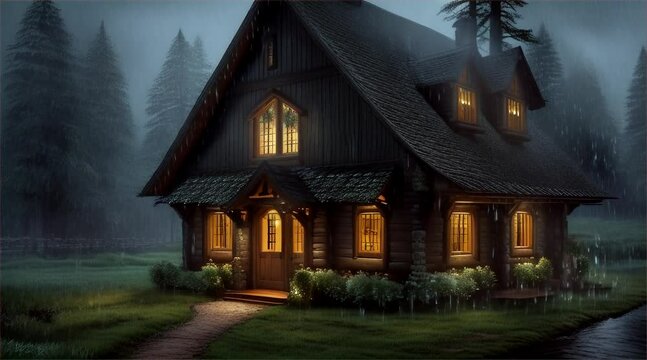 雨の中森の小道にある家