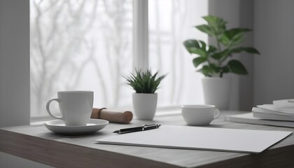 Fototapeta na wymiar Minimal Scandinavian contemporary empty wooden table with sunlight. Simplistic office, Cafe, and library