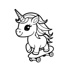 Naklejka premium Unicorn on skate, line art, coloring book page for children