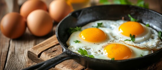 Fresh eggs on a wooden background being cooked in a pan.