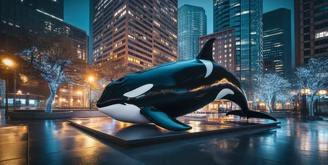 Deurstickers Sculpture of an Orca whale in the middle of a downtown financial district between skyscrapers at night © Lithographica