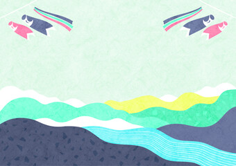 鯉のぼりと自然風景の背景フレーム こどもの日の和紙の切り絵風イラスト