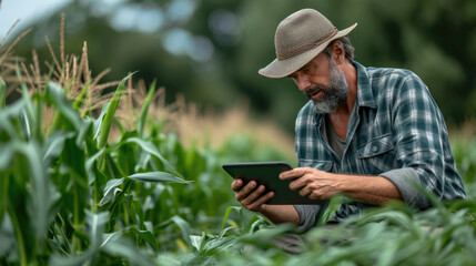 Naklejka na ściany i meble Happy farmer stands and smile holds tablet in his hands against background of working tractor in field. Concept ecology, transport, outdoor nature, clean air, food. Natural production bio product.