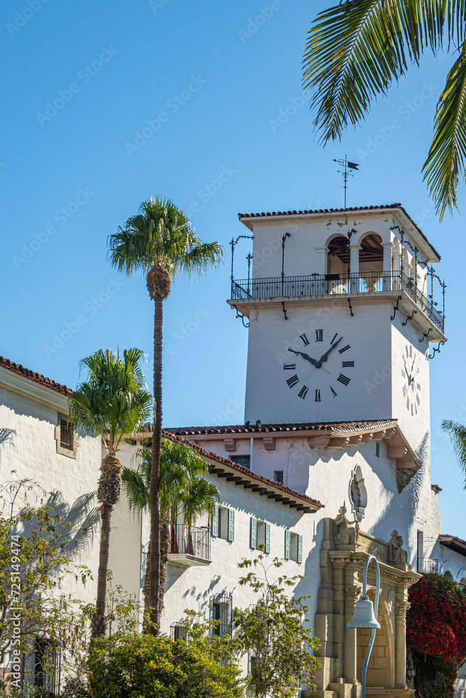 Wall mural santa barbara, ca, usa - november 30, 2023: santa barbara county courthouse tower, white stone and t