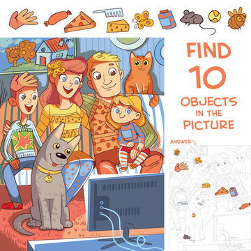 Find 10 hidden objects in picture. Family watches TV together. Home entertainment. Puzzle Hidden Items. Colorful cartoon character. Funny vector illustration