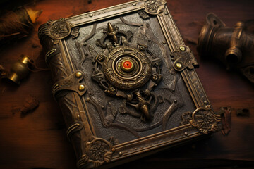 Fototapeta na wymiar Ancient Steampunk Spellbook with Metal Clasps