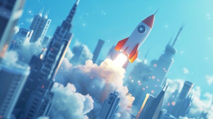 An illustration of a rocket taking off in a busy cityscape. Abstract rocket representing innovative business growth. Rocket launch.