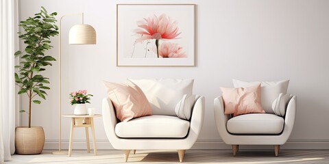 Stylish living room decor with poster frame, white sofa, armchair, lamp, flowers, plants, and personal accessories.