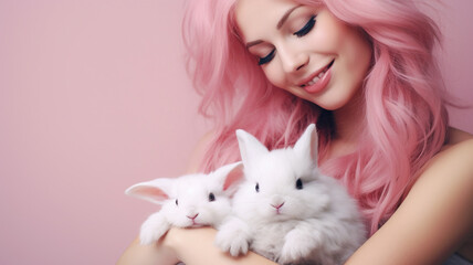 Young woman with cute rabbits