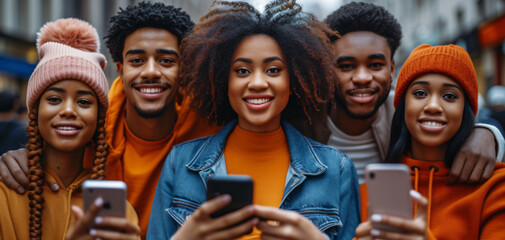 Obraz premium Group of young people using their smartphones. 5G, connectivity and telecommunications concept image.