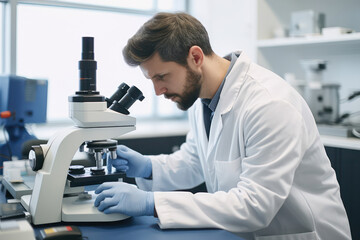 Naklejka na ściany i meble Scientist in Lab Coat Analyzing Microbiology Sample with Microscope in Medical Research Laboratory