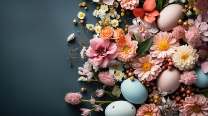 Easter day background with egg ornaments, flowers and minimalist background colors