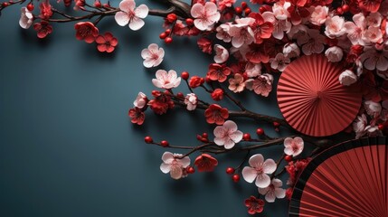 top view of chinese new year background with flower oranament and red background