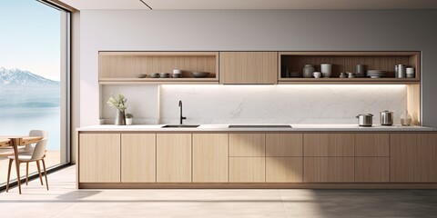  a modern kitchen with a minimalistic design, including a wooden interior, bar countertop, sink, stove, and modern kitchenware. The cooking area features a panoramic window with a concealed design.