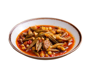 Bamya, Turkish traditional food. (Turkish cuisine) Homemade Food Okra in Plate. Organic Food.
