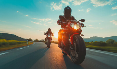 a couple riding on motorcycle, with full biking gear, speed photography, open stretch road, surrounded by scenic natural beauty