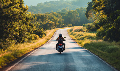 Obraz premium a couple riding on motorcycle, with full biking gear, speed photography, open stretch road, surrounded by scenic natural beauty