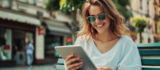 Girl on a street bench using a tablet for reading, news, and applications while smiling and wearing sunglasses.