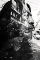 Black and white double exposure Latino mature man street photography. Vertical image