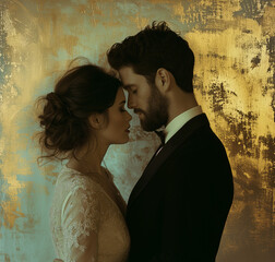 Close up portrait of wedding couple embracing in love