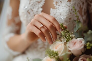 Obraz na płótnie Canvas female hand close up touching flowers wearing white wedding dress
