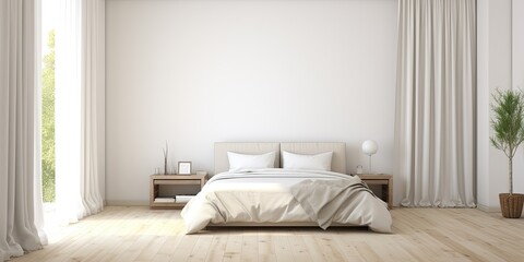 Minimalist bedroom with double bed, mirror on wooden floor, white wall, large window with curtains, and free space.
