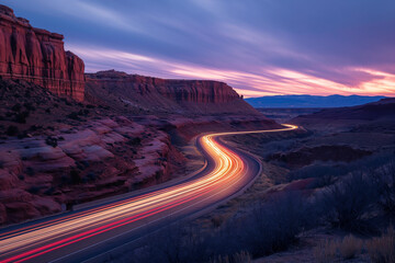 Long exposures of cars streaking down the highway through canyon country during twilight - Powered by Adobe