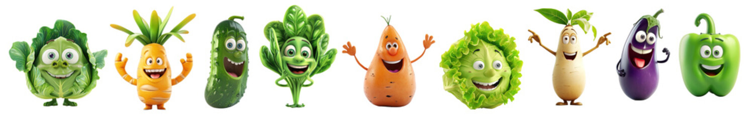 Collage of 3D cartoon vegetables over isolated transparent background