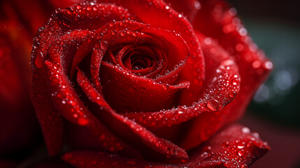 Close-up of a red rose, detailed petals and dew drops, romantic and elegant background