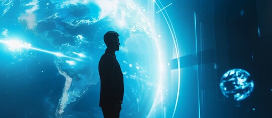 A Silhouette Illuminated by the Glow of a Holographic Globe Witness Dawn of Innovation and Digital Transformation in a World Dominated by Advanced Technology, Artificial Intelligence Global Network