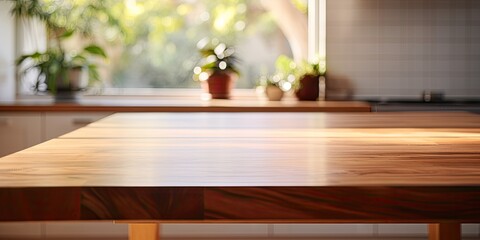 Table made of wood positioned atop blurred kitchen bench