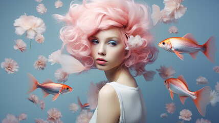 Artsy portrait of beautiful woman with surreal fish