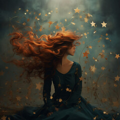 Beautiful red haired woman dreaming concept with stars