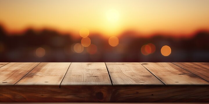 Blurry sunset behind empty wooden table top. Summer evening banner with copy space. In-focus empty bar counter.