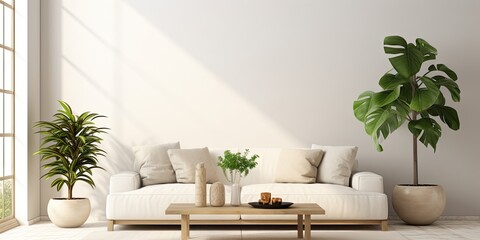 Modern living room with white sofa, wooden coffee table, and assorted houseplants