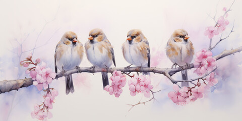 Finches on branch with pink buds in springtime. Watercolor bird illustration - obrazy, fototapety, plakaty