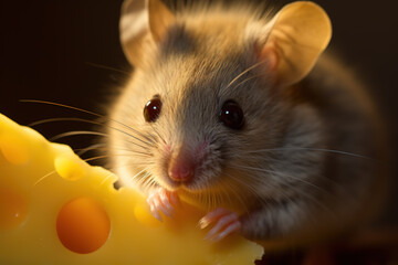 A cute mouse nibbles on a piece of cheese