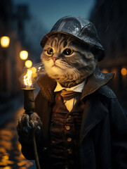 Portrait of a scottish fold cat dressed in 1920 style with a peaked hat