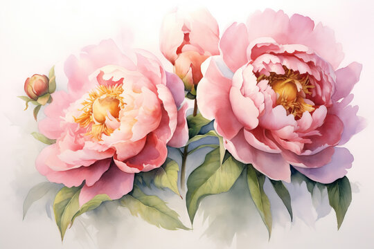 An artistic watercolor painting featuring vibrant pink peonies enclosed by foliage