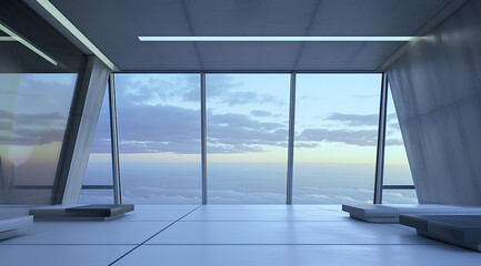 Minimalist office space with expansive windows revealing a breathtaking sky vista