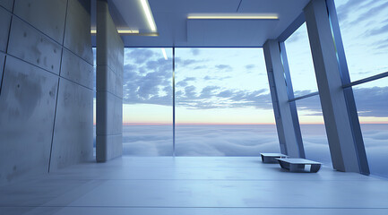 Serene office with floor-to-ceiling windows offering a view above the clouds at dusk