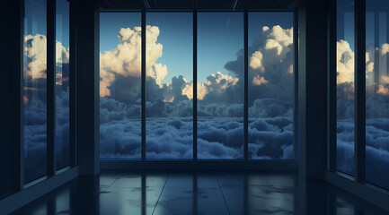Modern high-rise office view, overlooking a dense sea of clouds at dusk