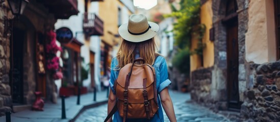 Backpacking young woman exploring historical city, vacationing and learning languages abroad.
