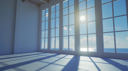 Bright room with large windows showcasing a sunny blue sky and ocean view