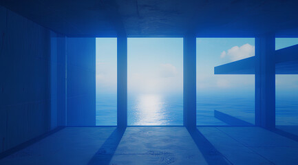 Serene blue space with vast windows overlooking an endless ocean