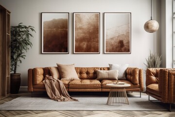 living room in earth tones with frames,