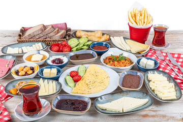 Fototapeta na wymiar Breakfast table. Traditional Turkish Breakfast Table (Serpme Kahvaltı). Turkish style breakfast. Traditional delicious Turkish breakfast, food concept photo.